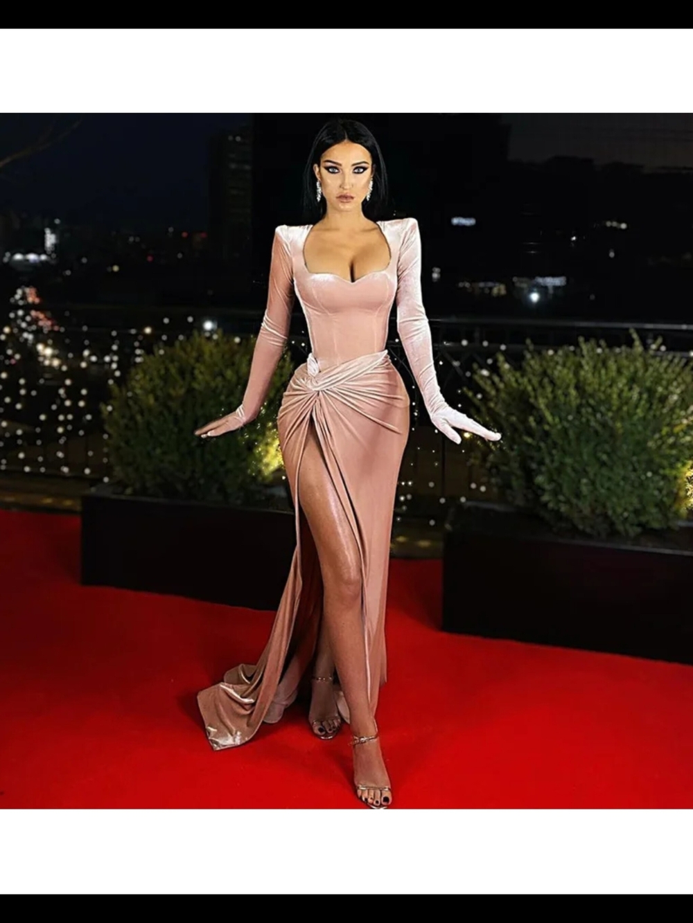 Elegant Blush Pink Velvet Evening Gown with Draped Side Twist